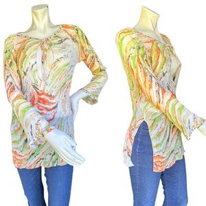 SHAN Green Cream & Orange 100% Silk Flare Sleeve Coverup Blouse Size US 12